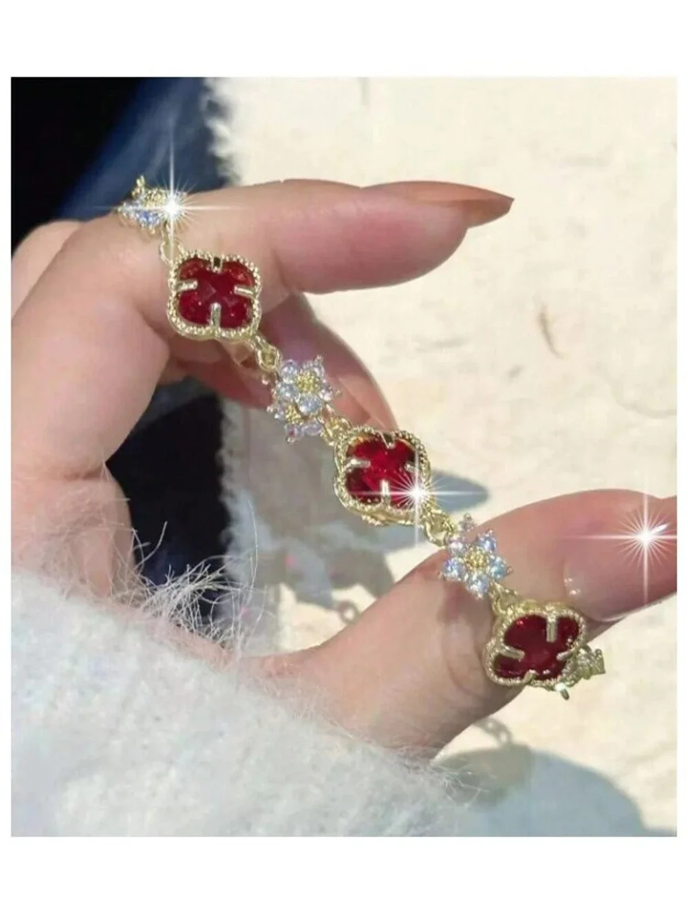 Red clover and flower - Bracelet - Gold - CZs - 7